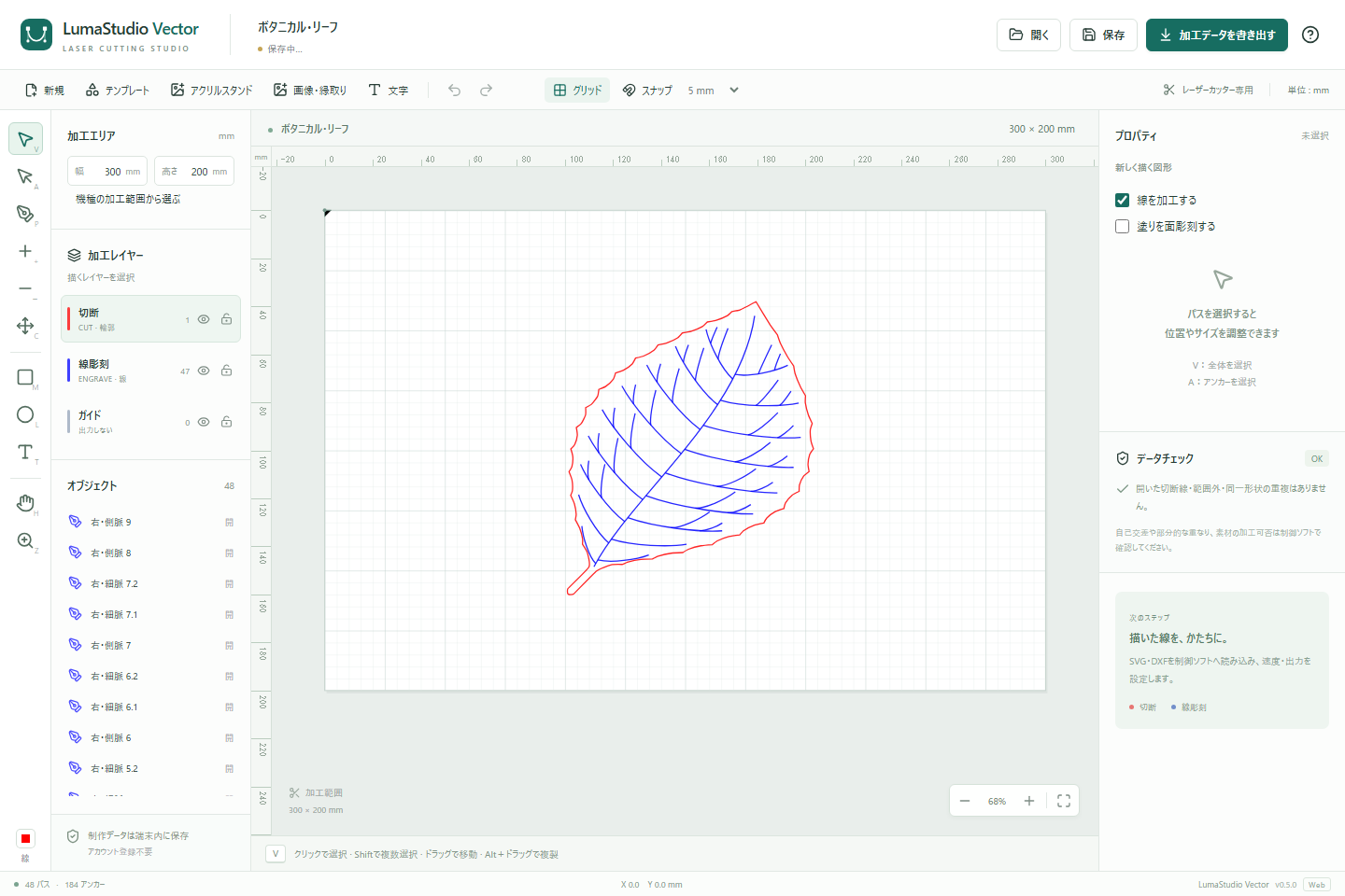 LumaStudio Vectorのボタニカル・リーフ。斜めに伸びる一枚葉の赤い切断外周と青い葉脈を、mm単位のキャンバスに配置。